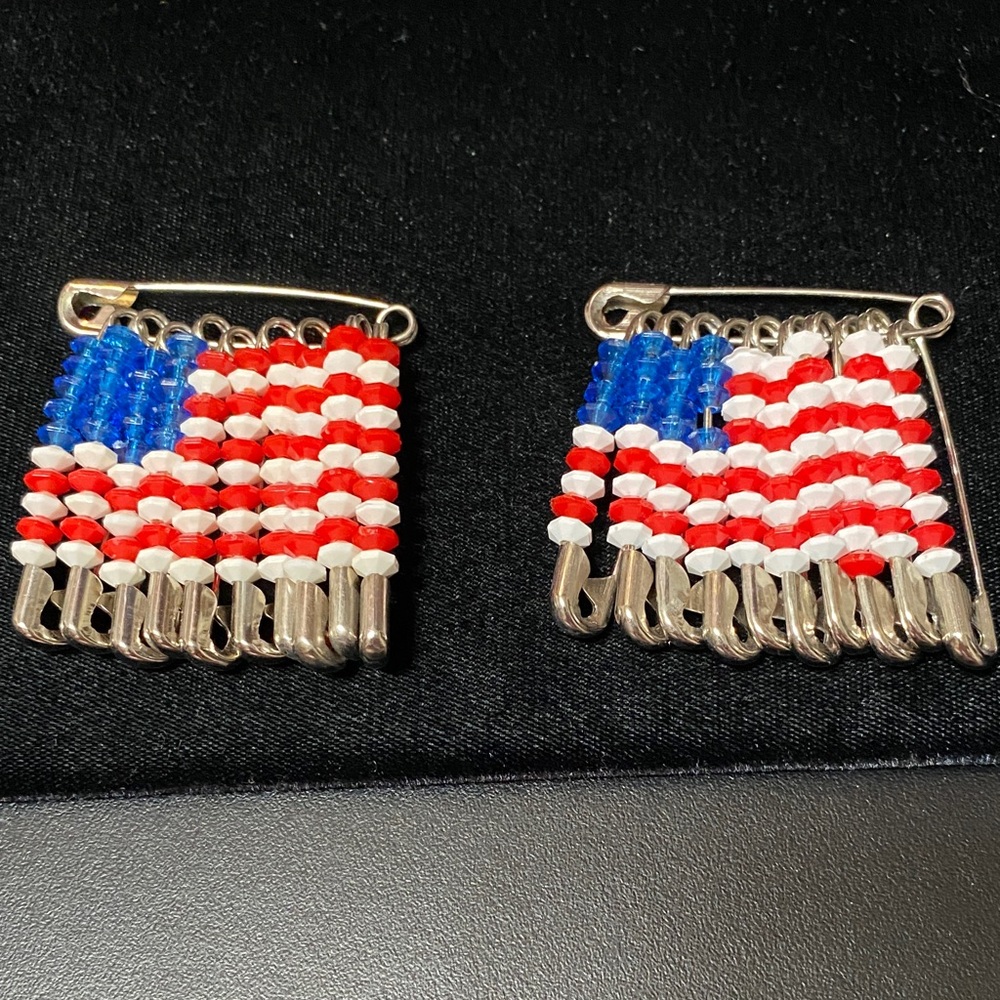 Vintage handcrafted two Patriotic Beaded Flag pins
